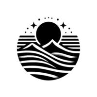 Minimalist black and white illustration within a circle. Mountain range, sun, stars, and flowing water, evokes a sense of serenity. vector