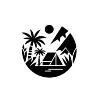 Black and white circular nature illustration featuring a tent nestled between palm trees, mountains, and a sun, evoking a sense of wilderness adventure. vector