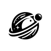 Stylized black and white space illustration featuring a planet with rings, star, and sphere orbiting. vector