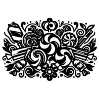 Whimsical black and white candy and sweets illustration, featuring lollipops, swirls, bonbons, and floral elements, arranged in a symmetrical, decorative pattern. vector