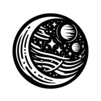 Black and white minimalist celestial art with a crescent, planets, stars, and stylized cosmic bands, inside a circular frame. vector