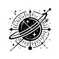 A minimalist, stylized black and white illustration depicting a planet with ring, surrounded by stars, lines, and abstract celestial elements. vector