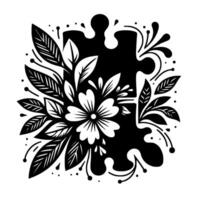 A black and white illustration of a puzzle piece intertwined with floral elements, symbolizing unity and growth. vector