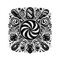 Intricate Black and White Pattern of Candies and Decorative Elements in a Symmetrical Design. vector