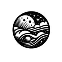 A circular, stylized black and white illustration of a full moon, waves, clouds, and stars, creating a calm, celestial scene. vector