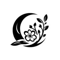 Elegant black and white botanical featuring a floral bloom and leafy branches within a crescent moon element, creating a harmonious and minimalist composition. vector