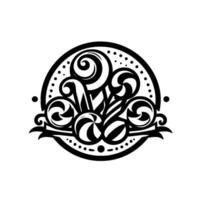 Monochromatic, symmetrical emblem featuring stylized lollipops, swirls, and decorative elements arranged within a dotted circular frame. vector