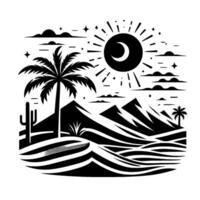 Desertscape Silhouette Palm tree, cactus, crescent moon sun, mountain range, and stylized landscape under starry sky. vector