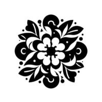 Symmetrical Black and White Floral Pattern with Leaves, Dots, and CShaped Elements on a White Background. vector