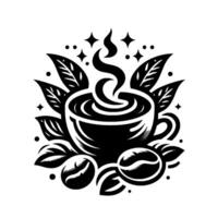 Black and white coffee cup with steam, leaves, coffee beans, and star accents, creating a warm and inviting design. vector