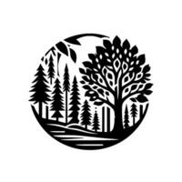 Stylized forest scene in a circle. Silhouette of pine and deciduous trees, creating a harmonious nature with detailed leaf patterns, against a white background. vector