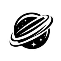 Minimalist black and white planet with orbiting rings and starlike accents, representing space exploration and cosmos. vector