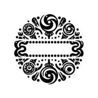 Circular Black and White Ornamental with a Central Rectangular Space, Featuring Swirls, Dots, and Floral Elements. vector