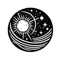 A stylized black and white circular featuring a radiant sun, crescent moon, stars, and stylized ocean waves, representing a celestial balance. vector