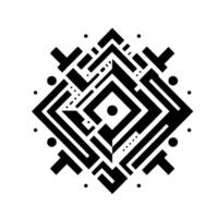 Geometric Black and White Symmetric Pattern Featuring Labyrinthine Shapes, Dotted Accents, and a Central Diamond on a Clean Background. vector