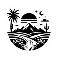Silhouette Desert Oasis Palm, Mountains, Sun, and Stars in a Scenic Black and White Landscape within an Oval. vector