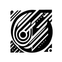 Bold Black and White Geometric Abstraction within Square, Featuring Circle with Concentric Lines, and Angular Forms. vector