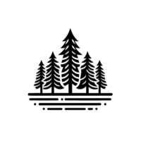 Stylized minimalist black and white illustration of a small group of pine trees standing on a line with a minimalist landscape, simple and clean. vector