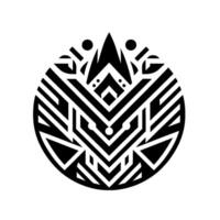 Symmetrical Black and White Geometric Orb Featuring TribalInspired with Chevron Patterns and Dot Accents. vector