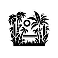 Stylized, Black and White Tropical Paradise Illustration Featuring Palm Trees, Sun, and Ocean on a Clean White Background. vector