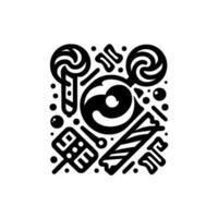 Playful black and white geometric composition featuring lollipop swirls, abstract shapes, and candythemed elements on a stark white background. vector