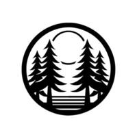Circular monochrome featuring stylized pine trees, bench, and a curved line, representing nature and outdoors. vector