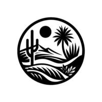 Minimalist Desert Landscape Silhouette in Circle Frame Cactus, Palm Tree, Sun, Dunes, and Mountain Range. Black and White Design. vector