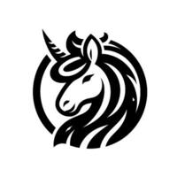 A stylized black and white unicorn head within a circular frame, depicting a sleek with flowing mane, horn, and elegant simplicity. vector