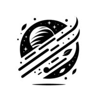 Abstract celestial with a planet encircled by a constellation, streaks, stars, and stylized leaves in monochrome. vector