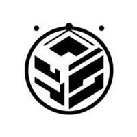 Geometric Abstract D Cube within a Circle, Black and White Composition, with Minimalist Dots, Modern Design. vector