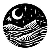 Minimalist Black and White Desert Scene in Circular Frame Moonlit Landscape with Palm Trees, Cacti, and Starry Night. vector