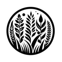 Stylized Monochrome Circular Composition Featuring Diverse Plants and Foliage Wheat, Grass, and Leaves Form a NatureThemed vector