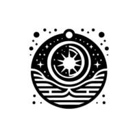 Black and white circular pendant with celestial elements, a sun, moon, stars, and stylized waves, in a minimalistic style. vector