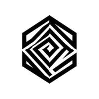 Geometric Black Hexagon with Swirling Linear Pattern and White Background Abstract vector
