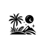 Black and White Island Silhouette with Palm Tree, Moon, Stars, and Mountains, Peaceful and Serene vector