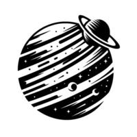 Stylized monochrome illustration of a celestial body resembling Saturn with a ring, striped texture, moon details, and stars on a white background. vector