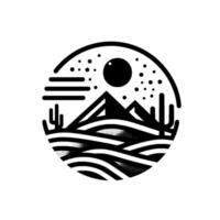 Minimalist Black and White Desert Landscape Mountains, Cacti, Sun, and Stars Inside Circular Frame, Simple Style. vector