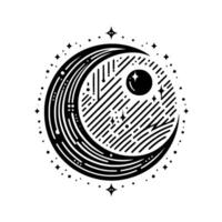 Celestial YinYang Symbolic Black White Illustration featuring a Crescent Moon, Stars, and a Planet within a Textured, Geometric Design. vector