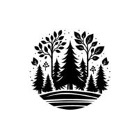 Black and white minimalist forest scene within a circular frame, featuring coniferous and deciduous trees with berries and leaves on a plain background. vector
