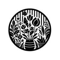 Geometric Black and White Floral Arrangement in a Striped Vase, Enclosed by a Circular Border vector