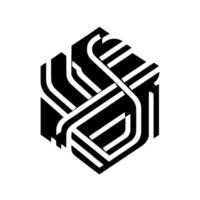 An abstract geometric composition featuring a Dlike black and white cube illusion, created by intertwining lines. vector