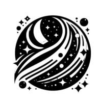 Celestial Sphere A monochrome artistic depiction of the moon encircled by swirling streams, scattered stars, and celestial bodies in a minimalist style. vector