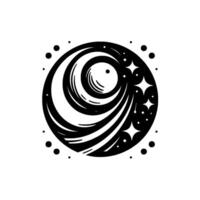 Abstract black and white circular featuring swirling lines, celestial elements, and radiating stars within a minimalist composition. vector