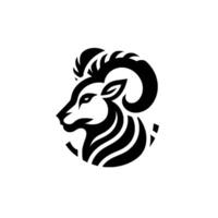 A sleek, minimalist black and white illustration of a rams head, featuring curved horns and a stylized design, on a plain white background. vector