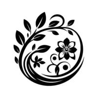 Elegant Black and White Floral Featuring Leaves, Blossoms, and Decorative Vines within a Circular Frame on a White Background vector