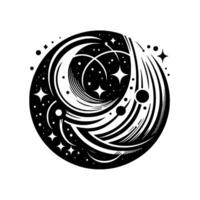 Celestial Black and White Illustration Crescent Moon, Stars, Orbits, and Cosmic Energy within a Circular vector