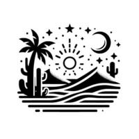 Stylized Black and White Desert Landscape with Sun, Moon, Stars, Palm Tree, and Cacti, Illustrative Composition. vector