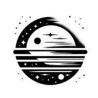 Black and white minimalist cosmic sphere with stars, planets, and textured gradients against a pristine white backdrop. vector