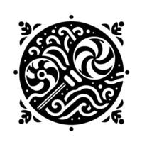 Intricate Black and White Circular Ornament Swirling Lollipops, Flourishes, and Decorative Elements on a White Background. vector