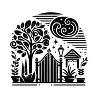 Stylized black and white illustration of a garden scene, featuring a gated entrance, tree, stars, and stylized moon in a circular frame. vector